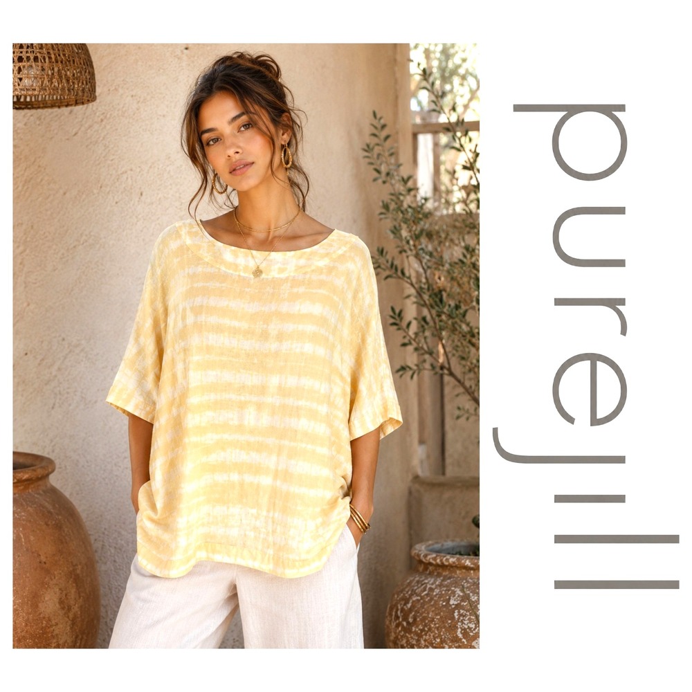 J. Jill Pure Jill 100% Linen Yellow White Tie Dye Striped Oversized Boxy Top S